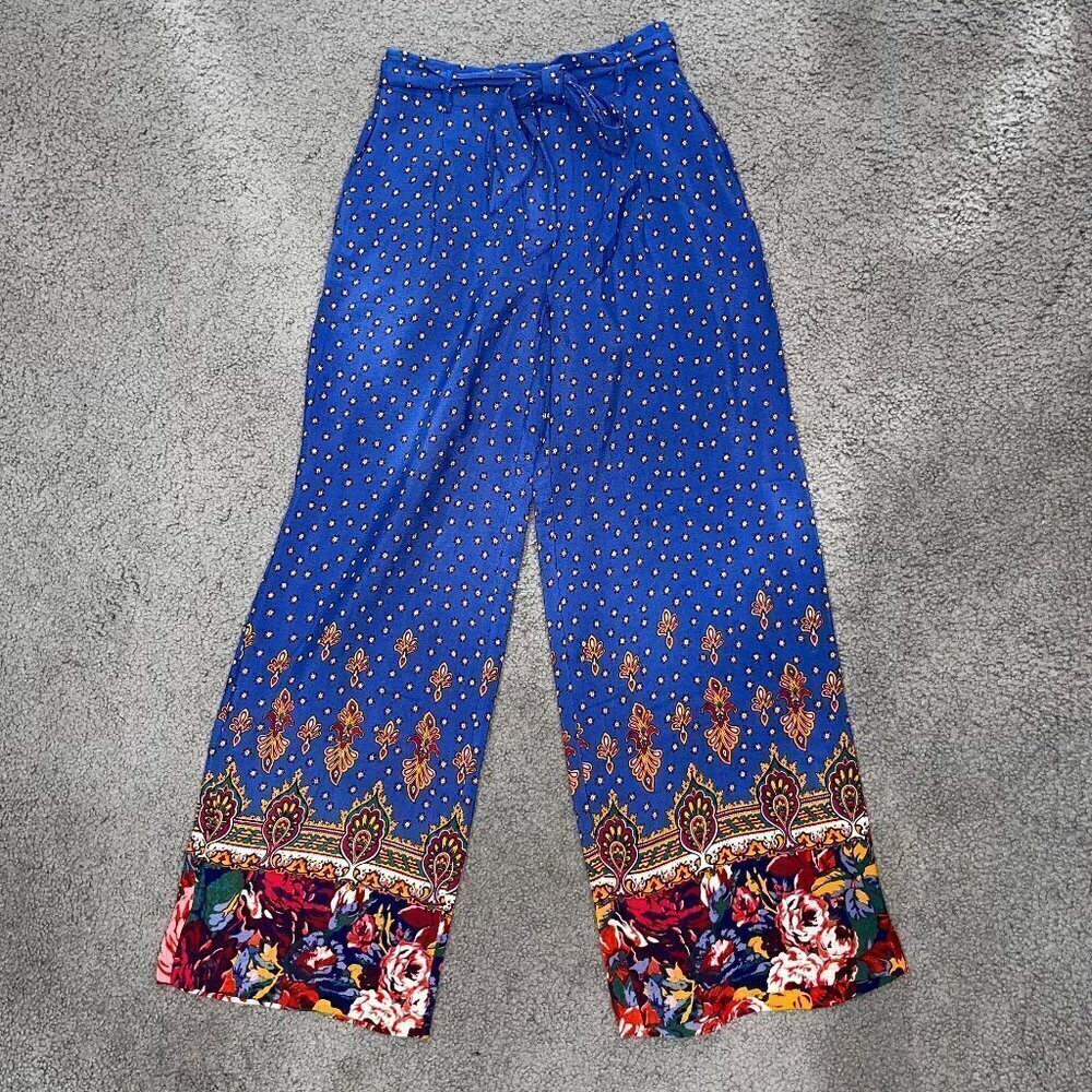 EttTwa Anthro Anthropologie Print Border Extra Wide Leg Trouser Palazzo Pants -0